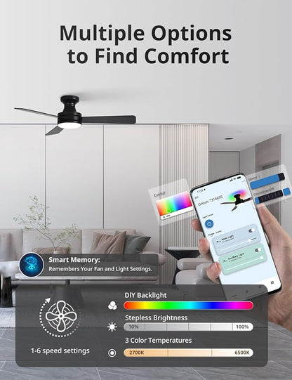 Orison Smart Ceiling Fans with Lights – 42" Low Profile Flush Mount, RGB Backlight & Dimmable LED, Alexa & Google Compatible, 6-Speed Reversible, App & Remote Control, Quiet & Energy Saving, Black