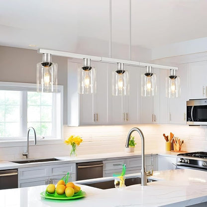 Brushed Nickel 5-Light Kitchen Island Lighting with Clear Glass Shades, Adjustable Island Light for Kitchen, Dining Room Light Fixture Over Table, Kitchen Pendant Lighting for Kitchen Island