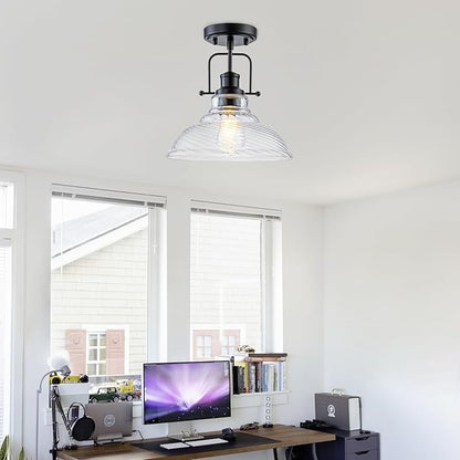 WILON Flush Mount Ceiling Light, Black Farmhouse Ceiling Light with Striped Clear Glass Shade, Light Fixtures for Dining Room Ceiling, Semi Flush Mount Ceiling Lights for Kitchen Entryway