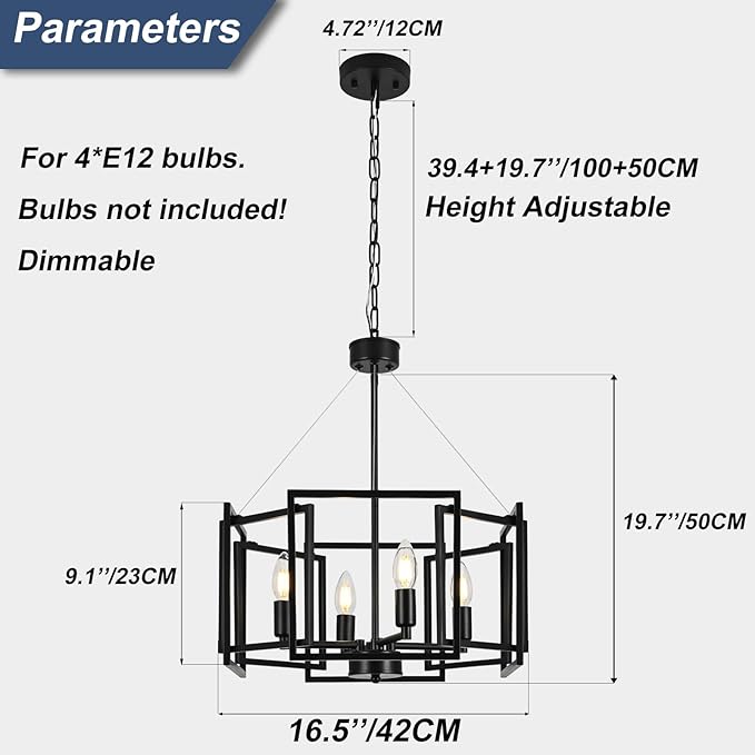Modern Matte Geometric Black Industrial Chandelier 4 Light/E12/16.5 Inches,Small Farmhouse Pendant Lighting Fixtures for Dining Room,Kitchen Island,Bedroom,Foyer,Entryway,Stairs