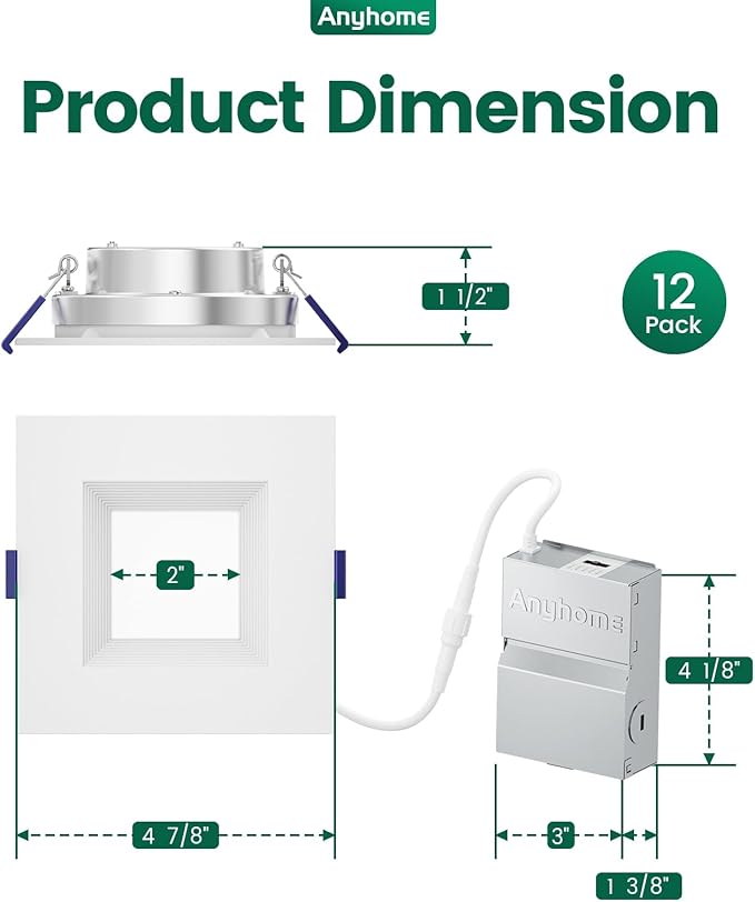12 Pack 4 Inch Square Ultra-Thin Led Recessed Lighting,Recessed Led Downlight with Junction Box,5CCT 2700K-5000K Dimmable,with Baffle Anti-Glare,9W 700LM,ETL & ES