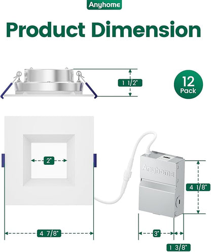 12 Pack 4 Inch Square Ultra-Thin Led Recessed Lighting,Recessed Led Downlight with Junction Box,5CCT 2700K-5000K Dimmable,with Baffle Anti-Glare,9W 700LM,ETL & ES