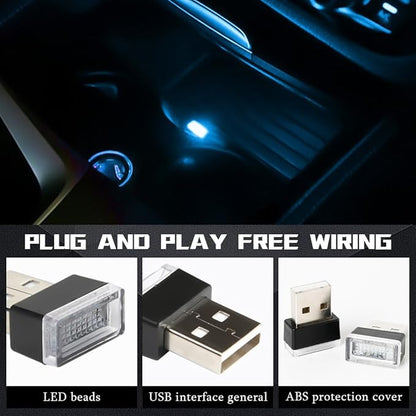 deemars 4PCS USB LED Car Interior Atmosphere Lamp, Car Night Lights, Mini USB LED Decoration Light Ambient Interior Light, Car Accessories Plug-in Interface Ambient Lighting Kit for Most Cars