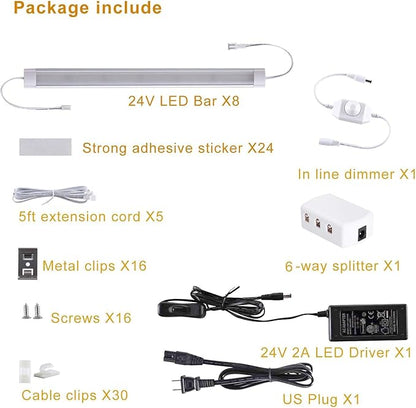 LABOREDUCER Under Cabinet Lighting Wired Plug in or Hardwired Cold White 6000K, 8 Pack 11inch Linkable Dimmable LED Under Cabinet Lights with Power Adapter,24V Under Counter Lights for Kitchen