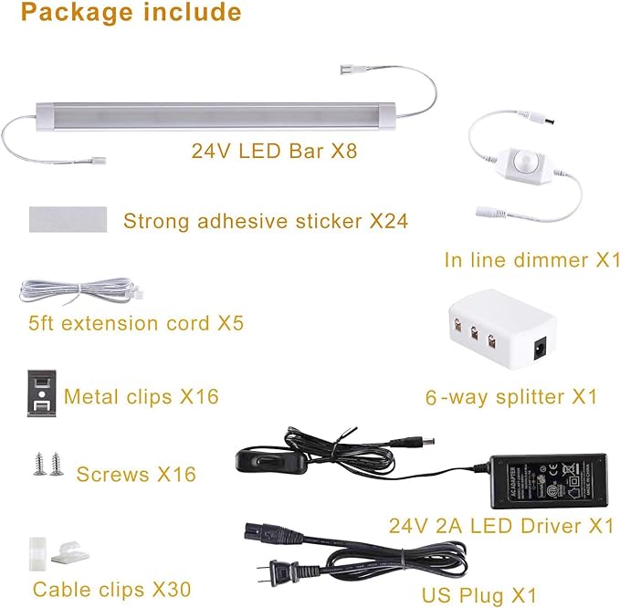 LABOREDUCER Under Cabinet Lighting Wired Plug in or Hardwired Warm White 2700K,8 Pack 11inch Linkable Dimmable LED Under Cabinet Lights with Power Adapter,24V Under Counter Lights for Kitchen