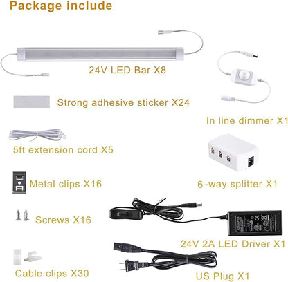 LABOREDUCER Under Cabinet Lighting Wired Plug in or Hardwired Warm White 2700K,8 Pack 11inch Linkable Dimmable LED Under Cabinet Lights with Power Adapter,24V Under Counter Lights for Kitchen