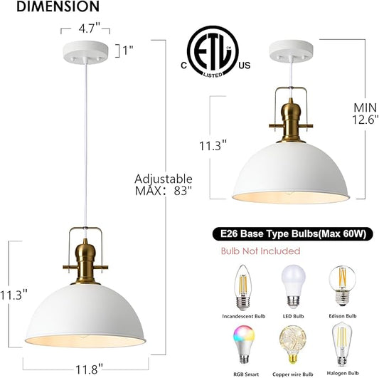 12 Inch Sandy White Farmhouse Pendant Lights for Kitchen Island Industrial Adjustable Height Vintage Dome Hanging Light Fixtures for Barn,Dining Room 1 Pack