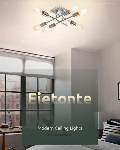 6-Light Semi Flush Mount Ceiling Light Fixture, Industrial Brushed Nickel Close to Ceiling Lighting, Modern E26 Base Sputnik Chandelier Ceiling Lamp for Bedroom Living Room Hallway, 2 Pack