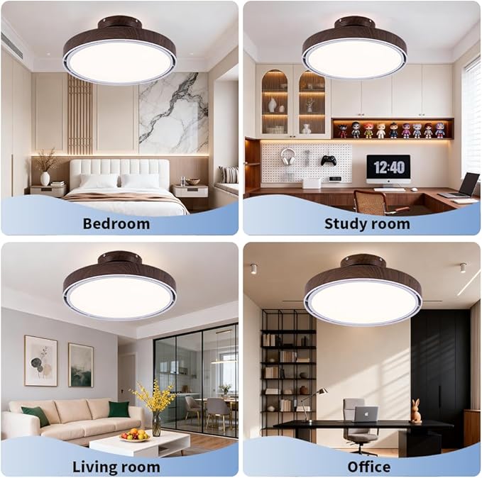 Bladeless Ceiling Fans with Lights and Remote, Flush Mount Modern Ceiling Fan with Light, 6 Speeds, Stepless dimming & 3000-6000K CCT LED Lights for Bedroom, Living Room (Dark Walnut)