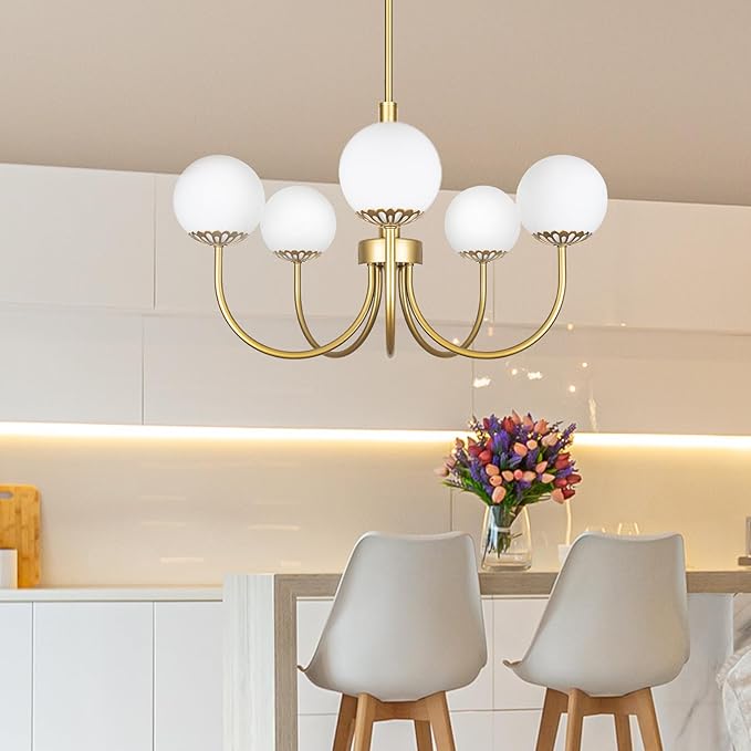 5-Light Gold Chandelier, Globe Modern Sputnik Light Fixture with Frosted Glass, Vintage Semi-Flush Mount Ceiling Light for Dining Room, Large Pendant Lighting for Kitchen Living Room Bedroom