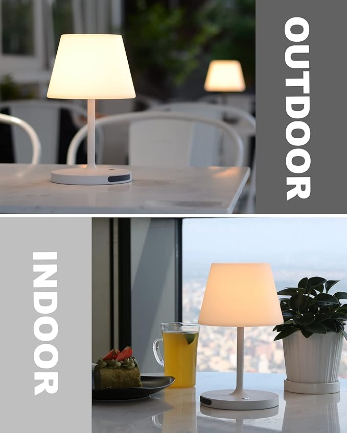 WEILAILUX Outdoor Battery Operated Table Lamp Waterproof, 4000mAh Cordless Table Lamp Rechargeable, Touch Dimmable Desk Lamp, LED Night Light for Patio Camping Restaurant Home, H9.6in, White
