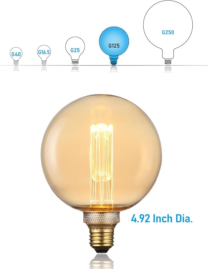ESCENA Artist Series LED Globe Decorative Light Bulb 3.5W, G125 Round Edison Bulbs Dimmable, Virtual Filament Vintage Edison Bulb, Amber, E26 Medium Base, 2000K Soft Warm, UL Listed