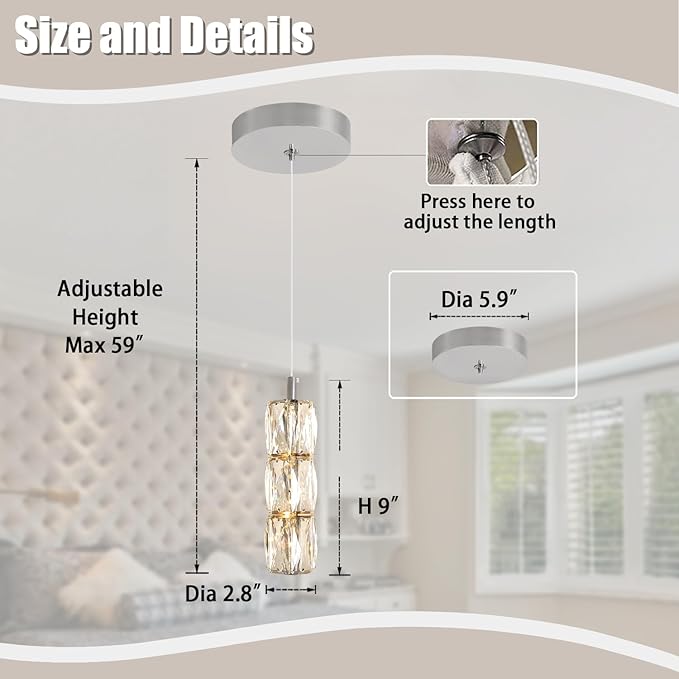 ykolupty Pendant Lights Kitchen Island Single Head Chrome Crystal Island Lights Dining Foyer Entrance Modern Chandeliers LED Dimmable 2700-6000K