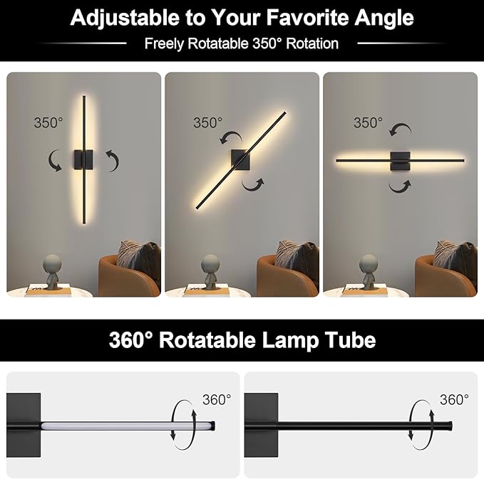 Battery Operated Wall Sconce, 5CCT Dimmable Black Wall Lights with Remote Control, Timable LED Wireless Wall Sconces, 350° Ratate for Bathroom, Living Room, Hallway 29.1 Inch 1 Pack