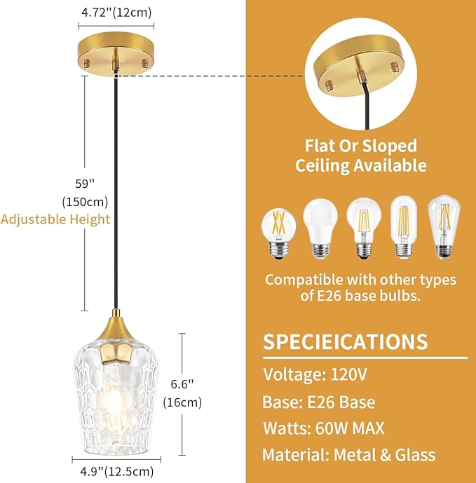 Brushed Gold Pendant Light Fixtures, Thick Hammered Glass Pendant Lights Kitchen Island 3 Pack Modern Hanging Light Hallway Ceiling Light Fixtures Mini Pendant Lights for Bathroom Dining Room