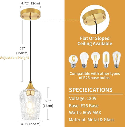 Brushed Gold Pendant Light Fixtures, Thick Hammered Glass Pendant Lights Kitchen Island 3 Pack Modern Hanging Light Hallway Ceiling Light Fixtures Mini Pendant Lights for Bathroom Dining Room