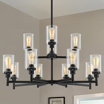 LIGHTDAMY Black Chandelier for Living Room Light Fixture, Large Farmhouse Chandeliers with Clear Glass Shade, Industrial 2-Tier 12 Lights Hanging Lighting for Dining Room Restaurant Villa