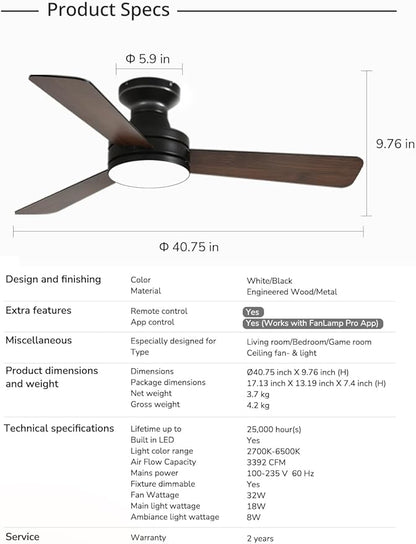 Orison Ceiling Fans with Lights 42 Inch, Low Profile Flush Mount Ceiling Fan, RGB Backlight & Dimmable Lighting, Remote & App Control, 6 Speeds, 3 Reversible Blades, Black/Wood