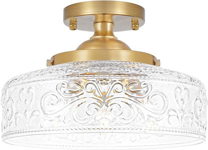Gold Semi Flush Mount Ceiling Light, 3-Light Close to Ceiling Light with Globe Glass, Vintage Hallway Lights, Brass Closet Light Fixture, Kitchen Flush Ceiling Mount for Entryway Bedroom Bathroom,E12