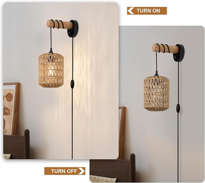 Rattan Plug in Wall Sconce Bedroom Sconces Set of 2 Boho Dimmable Wall Lamp with Plug in Cord Hanging Wall Lights for Living Room