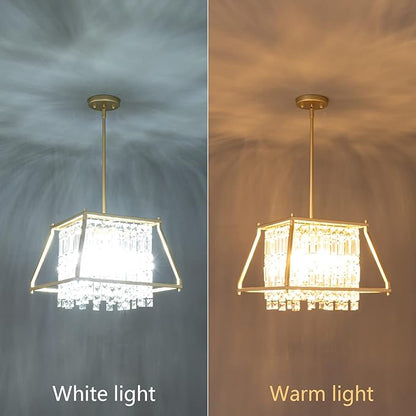 LMQNINE Farmhouse Chandelier - Gold Metal Crystal Pendant Light for Kitchen, Dining Room, Living Room - Flat and Inclined Ceiling (Trapezoid -15.74in)