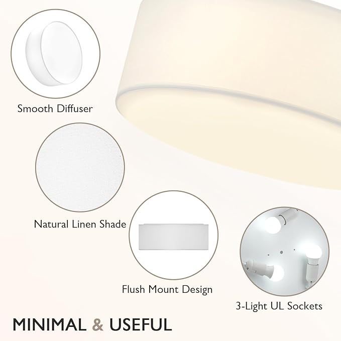 CALOKES 18-Inch Large Flush Mount Ceiling Light Fixture with White Fabric Shade, Modern Drum Closed to Ceiling Lighting for Living Dining Room, Bedroom, Kitchen, Foyer - Farmhouse Lamp & Chandelier