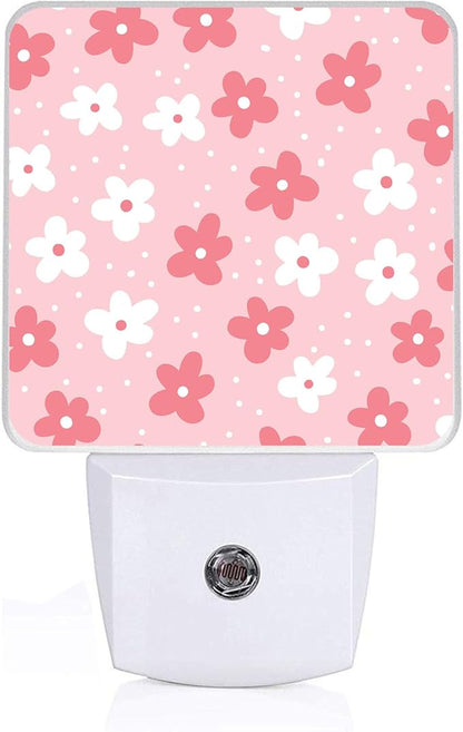 White Pink Flower Night Light, Plug-into Wall Boho Flower Floral Nightlight Lamp with Dusk to Dawn Sensor, Led Lamp 0.5W Energy Efficient for Boys Girls Adults Home Decor