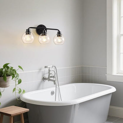 Bathroom Light Fixtures Black Vanity Light, 3 Light Modern Wall Sconces Lighting Bathroom Lights with Globe Clear Glass Shades, Bath Wall Lights Wall Lamp for Mirror Kitchen Living Room Hallway