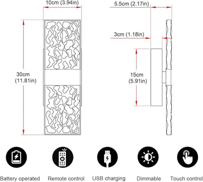 Modern Brushed Gold Battery Operated Wall Sconces Set of 2 - Rechargeable Brass LED Wall Lights with Acrylic Shade, Wireless Bedroom/Living Room Art Light Fixtures
