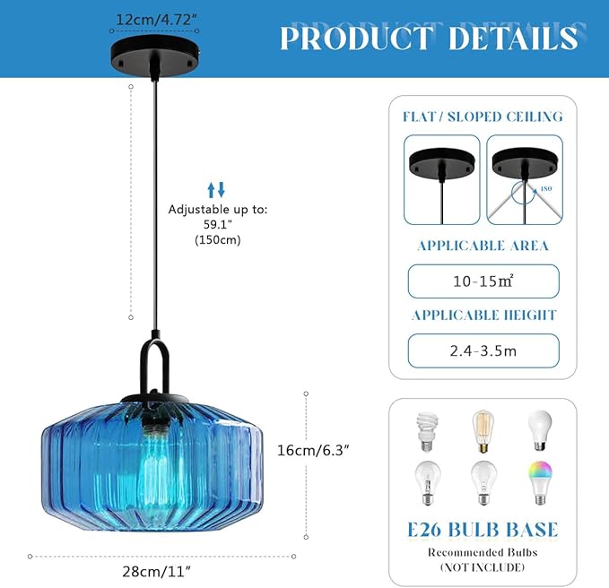 Large Modern Pendant Light Fixtures Dining Room Vintage Glass Ceiling Pendant Lighting Kitchen Sink Blue Hand Blown Glass Shade Black Finish Adjustable Cord Hanging Pendant Light