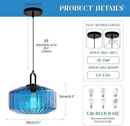 Large Modern Pendant Light Fixtures Dining Room Vintage Glass Ceiling Pendant Lighting Kitchen Sink Blue Hand Blown Glass Shade Black Finish Adjustable Cord Hanging Pendant Light