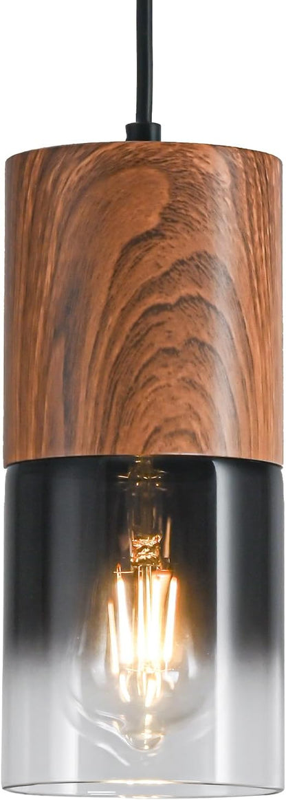 Modern Pendant Lights for Kitchen Island, Adjustable Black Pendant Light Fixtures with Brown Wood Grain, Industrial Glass Pendant Lights for Dining Table Hallway Bedroom Living Room,1 Pack