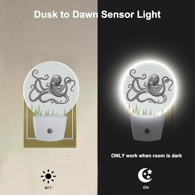 Octopus Night Light Ocean Sea Green Seaweed Octopus LED Dusk to Dawn Plug-in Nightlight Auto Sensor for Bedroom Bathroom Hallway Living Room Home Indoor