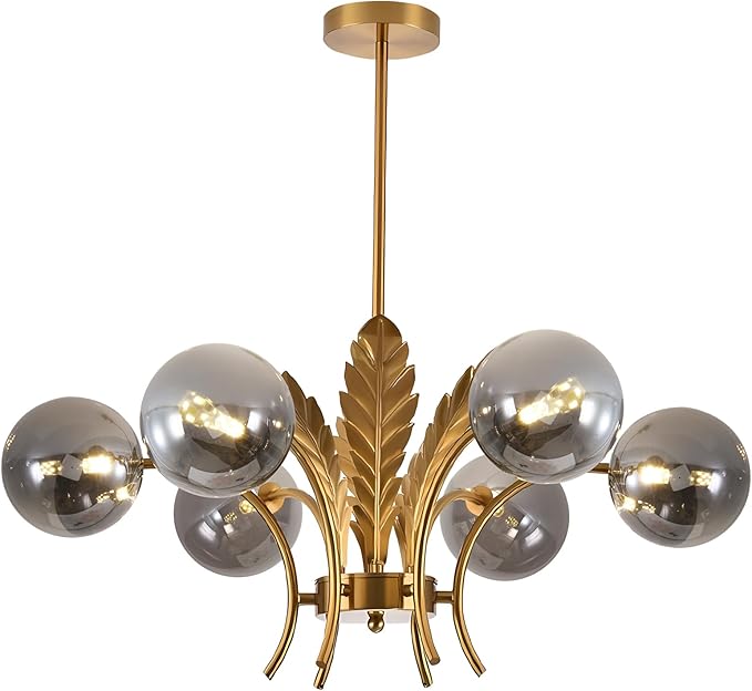 BOKT Gold Sputnik Chandelier Mid Century Smoky Gray Glass Chandelier Light Leaf 6-Light Adjustable Ceiling Hanging Light Fixture Globe LED Pendant Lighting for Kitchen Living Room Hallway Bedroom