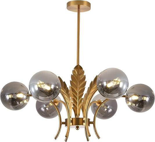 BOKT Gold Sputnik Chandelier Mid Century Smoky Gray Glass Chandelier Light Leaf 6-Light Adjustable Ceiling Hanging Light Fixture Globe LED Pendant Lighting for Kitchen Living Room Hallway Bedroom