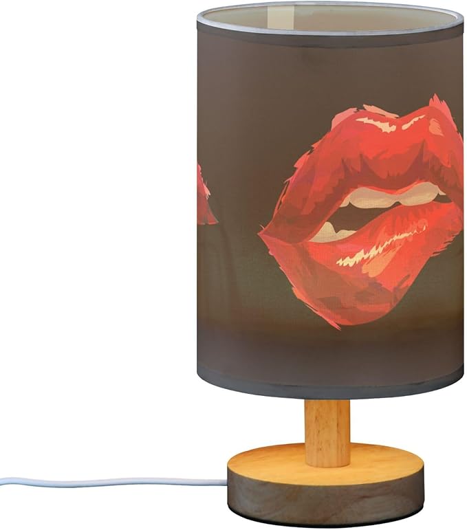Sexy Biting Lips Woman Red Lip on Black Table Lamp with Wood Base Fabric Lamp Shade Bedside Nightstand Desk Lamp for Living Room Bedroom Kids Room Office