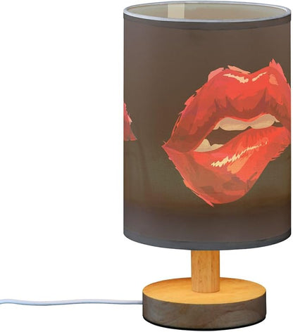 Sexy Biting Lips Woman Red Lip on Black Table Lamp with Wood Base Fabric Lamp Shade Bedside Nightstand Desk Lamp for Living Room Bedroom Kids Room Office