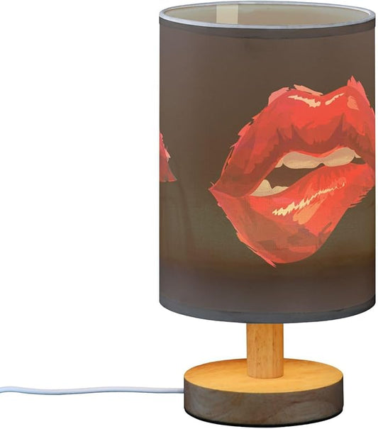 Sexy Biting Lips Woman Red Lip on Black Table Lamp with Wood Base Fabric Lamp Shade Bedside Nightstand Desk Lamp for Living Room Bedroom Kids Room Office