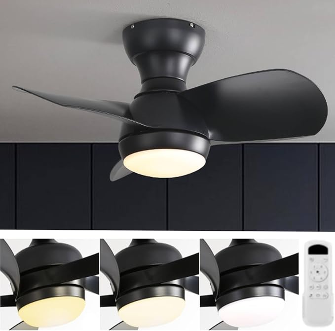 KEIKI 23 Inch Ceiling Fans with Lights & Remote Indoor, Outdoor Modern Ceiling Fan, Small Noiseless Fan w/Dimmable & Timer for Bedroom & Kitchen, 3 ABS Blades & 6 Speed Reversible DC Motor, Black