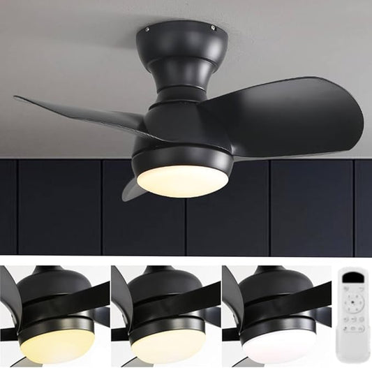 KEIKI 23 Inch Ceiling Fans with Lights & Remote Indoor, Outdoor Modern Ceiling Fan, Small Noiseless Fan w/Dimmable & Timer for Bedroom & Kitchen, 3 ABS Blades & 6 Speed Reversible DC Motor, Black