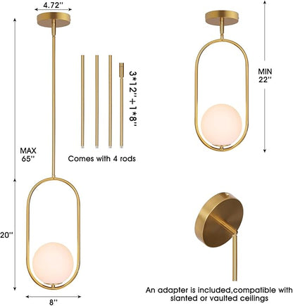 Modern Pendant Lighting Gold Hanging Light Fixture for Sloped Ceiling,Brass Pendant Lighting Fixture Pendant Chandelier Globe Pendant Light for Kitchen Island,Dinning Room Bedside Lighting