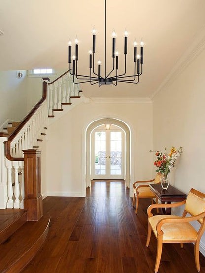 Yiisem Modern Farmhouse Black Chandelier, 12-Light Rustic Candle Chandelier, Industrial Hanging Chandeliers for Dining Room, Living Room, Kitchen, Foyer, Entryway