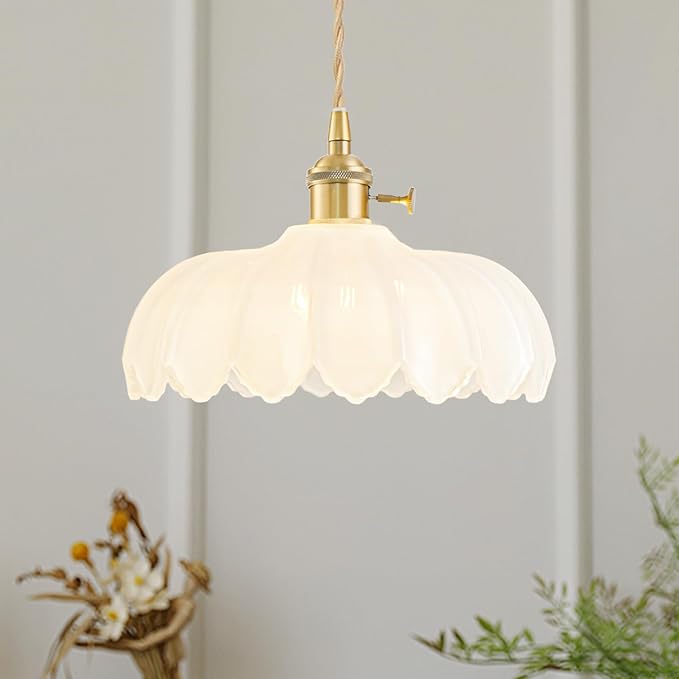 Glass Pendant Lights Kitchen Island, Vintage Brass Pendant Light Fixtures, Adjustable Milk White Kitchen Pendant Lighting Over Island for Bedroom Living Room Hallway Dining Room