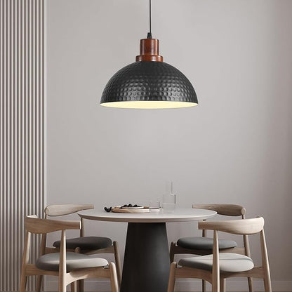 11.8" Wood Pendant Lights Kitchen Island, Hammered Dome Pendant Lighting, Black Pendant Light Fixture Hanging Ceiling Light