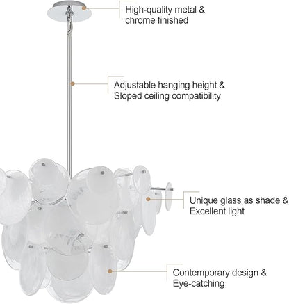 Dia 28 Inch, Modern Glass Chandeliers for Farmhouse, Large Unique Pendant Chandelier for Dining Room Bedroom Entryway Kitchen Foyer, Chrome Finish