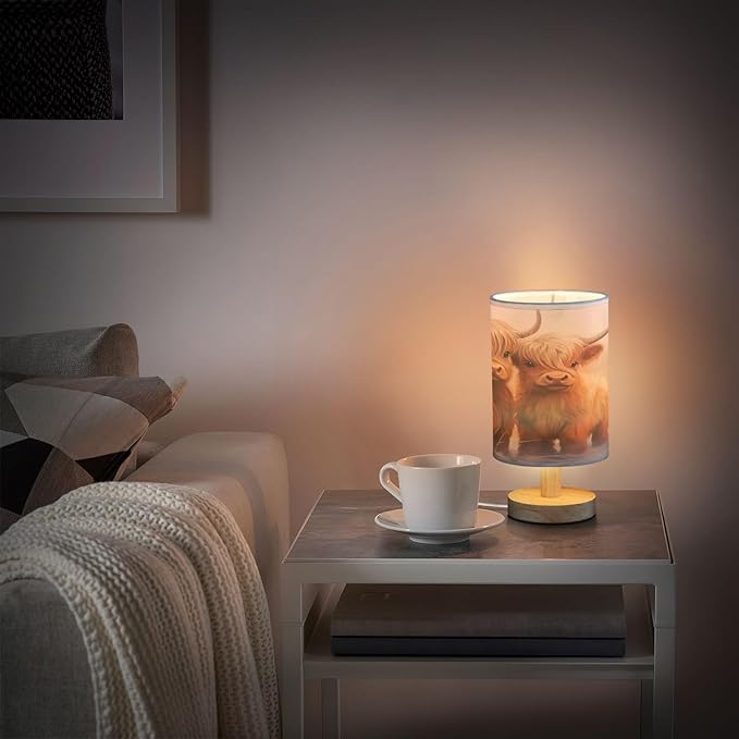 Bedside Table Lamp Highland Cow Nightstand Lamp with Wood Desk Lamps for Bedroom Living Room Nursery Office Home Decor