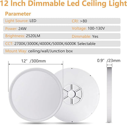 Dimmable 12Inch LED Flush Mount Ceiling Light, 24W, 2520LM, 2700K/3000K/4000K/5000K/6000K CCT Selectable,LED Round Flat Panel Light Dimmable from 5% to 100% for Bedroom,Kitchen,Hallway, White 6PK
