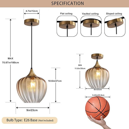 Amber Glass Pendant Lights Kitchen Island, 9" Vintage Hanging Lamp Ceiling Lighting Fixtures, Brushed Gold Modern Chandelier for Dining Room Restaurant Bedroom Foyer Entryway