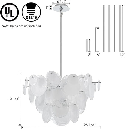 Dia 28 Inch, Modern Glass Chandeliers for Farmhouse, Large Unique Pendant Chandelier for Dining Room Bedroom Entryway Kitchen Foyer, Chrome Finish