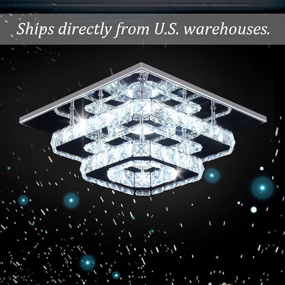 Finktonglan 9.8" Square Crystal Flush Mount LED Ceiling Light, Cool White 6500K, K9 Crystal Mirror Base, Close-to-Ceiling, Non-Dimmable, 85–260V